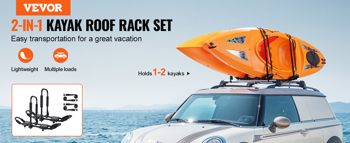 VEVOR kayak roof rack on a car with two orange kayaks against a scenic ocean backdrop.