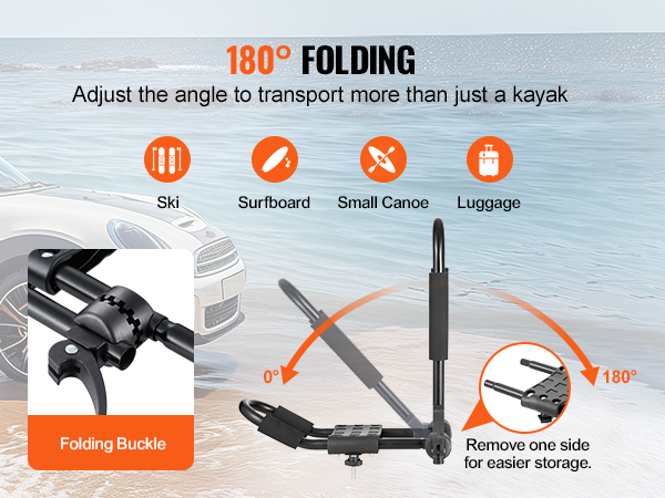 VEVOR kayak roof rack, 180° folding, adjustable for skis, surfboards, small canoes, and luggage.