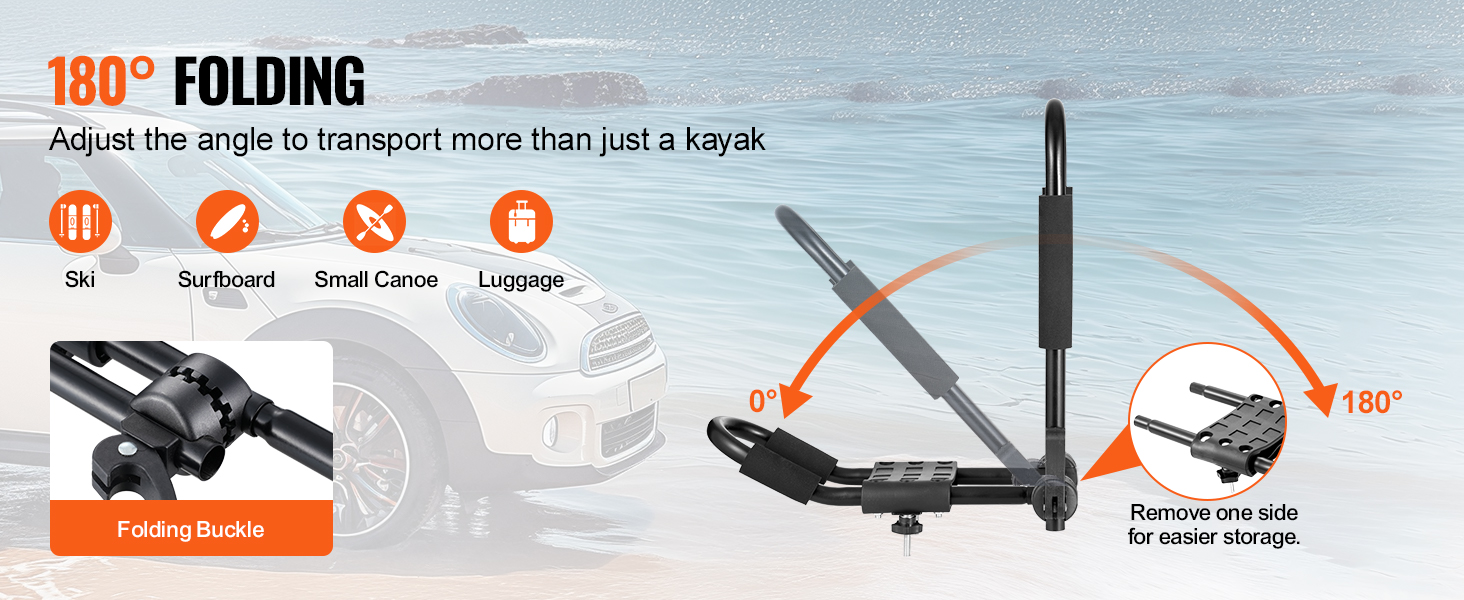 VEVOR kayak roof rack, 180° folding, adjustable for skis, surfboards, small canoes, and luggage.