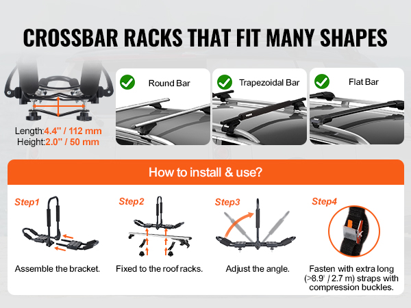 VEVOR kayak roof rack installation guide showing compatibility with round, trapezoidal, and flat bars.