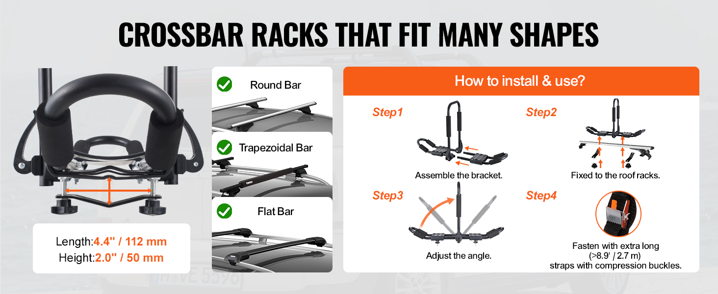 VEVOR kayak roof rack installation guide showing compatibility with round, trapezoidal, and flat bars.