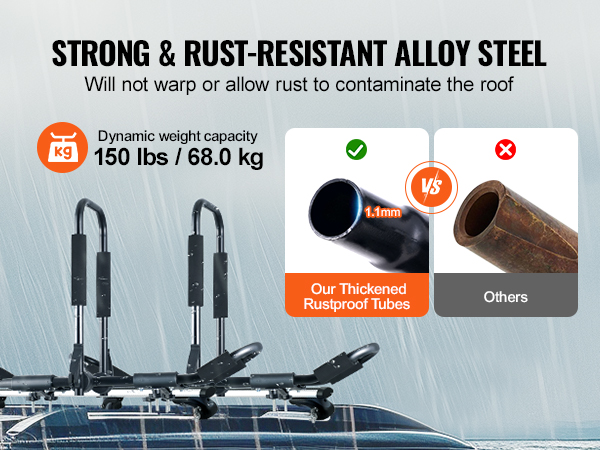VEVOR kayak roof rack with strong, rust-resistant alloy steel, 150 lbs dynamic weight capacity.