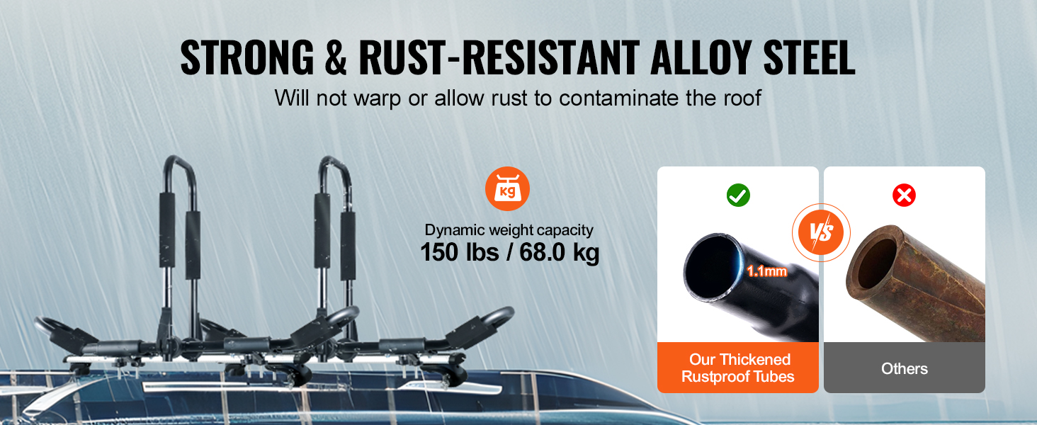 VEVOR kayak roof rack with strong, rust-resistant alloy steel, 150 lbs dynamic weight capacity.