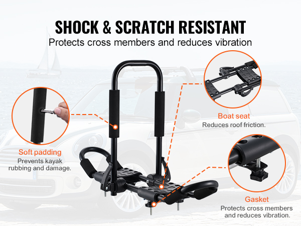 VEVOR kayak roof rack with soft padding, boat seat, and gasket for shock and scratch resistance.