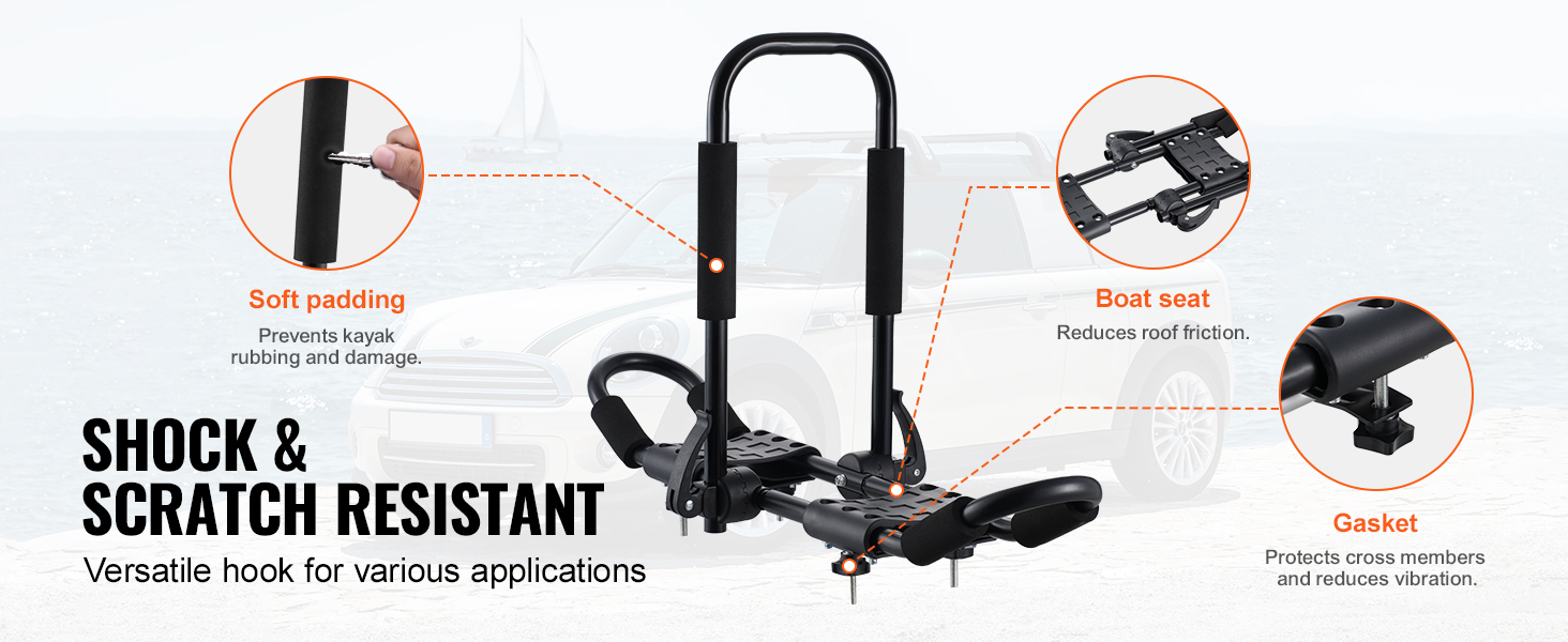 VEVOR kayak roof rack with soft padding, boat seat, and gasket for shock and scratch resistance.
