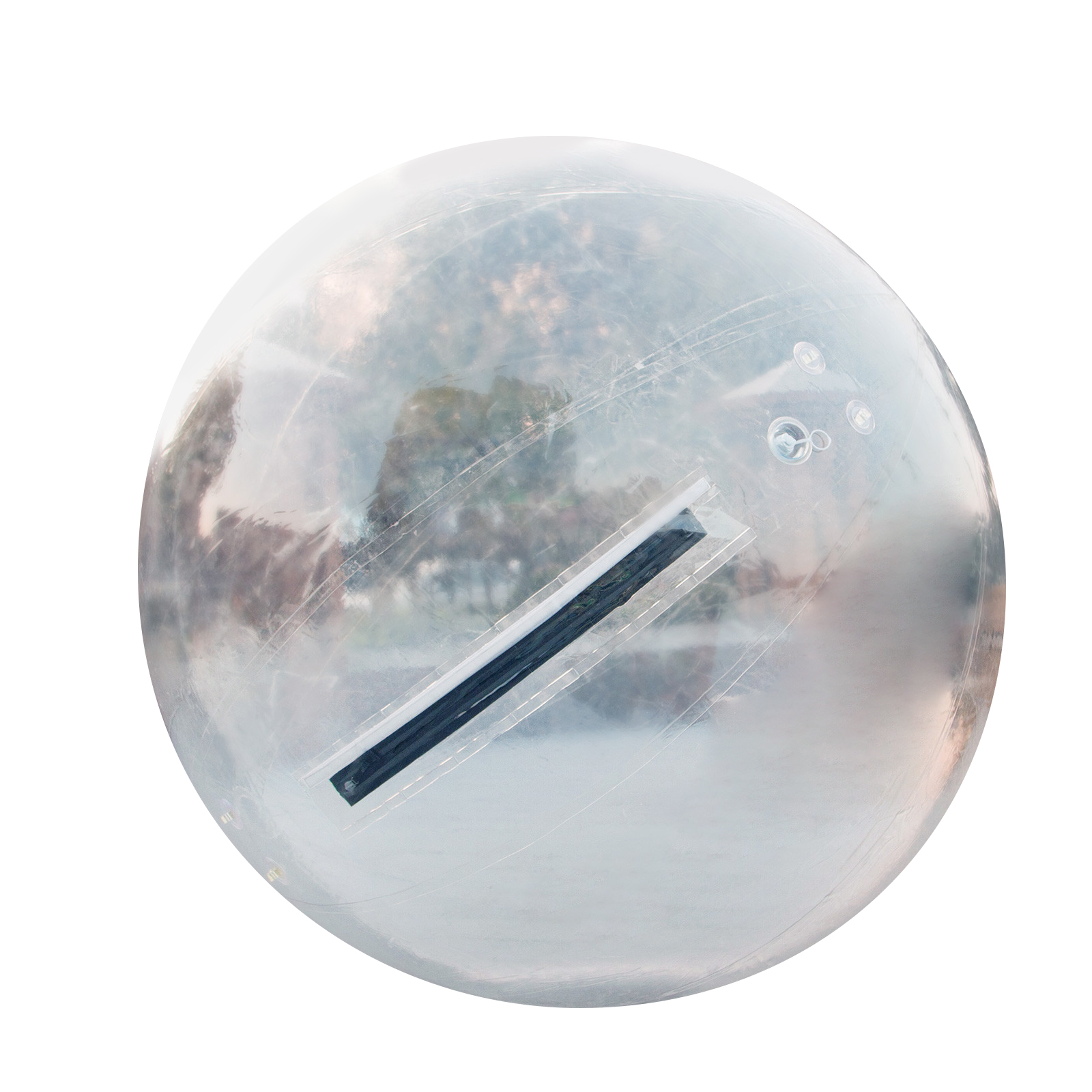 transparent inflatable VEVOR zorb ball with exterior zippers, reflecting outdoor scenery.