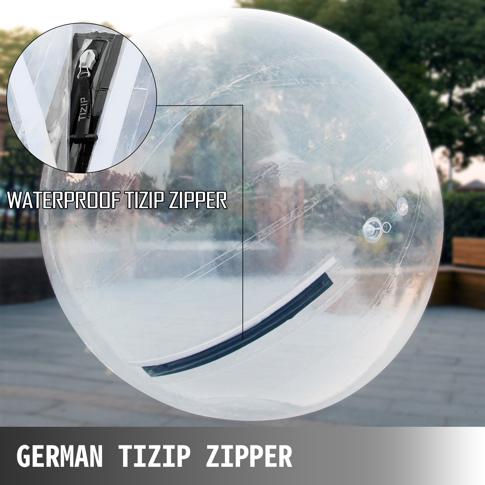 VEVOR zorb ball with waterproof tizip zipper on a clear spherical surface, outdoor background.