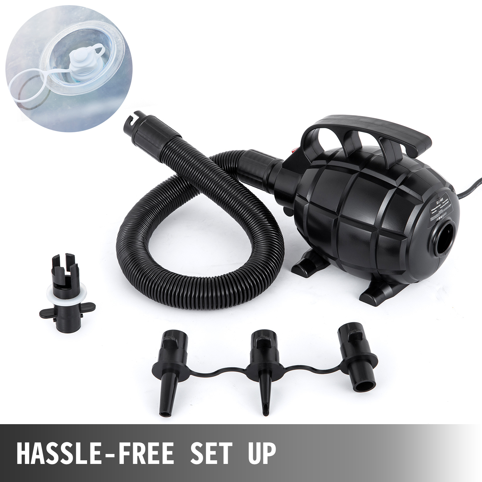 VEVOR zorb ball electric air pump with hose and multiple nozzles for hassle-free setup.