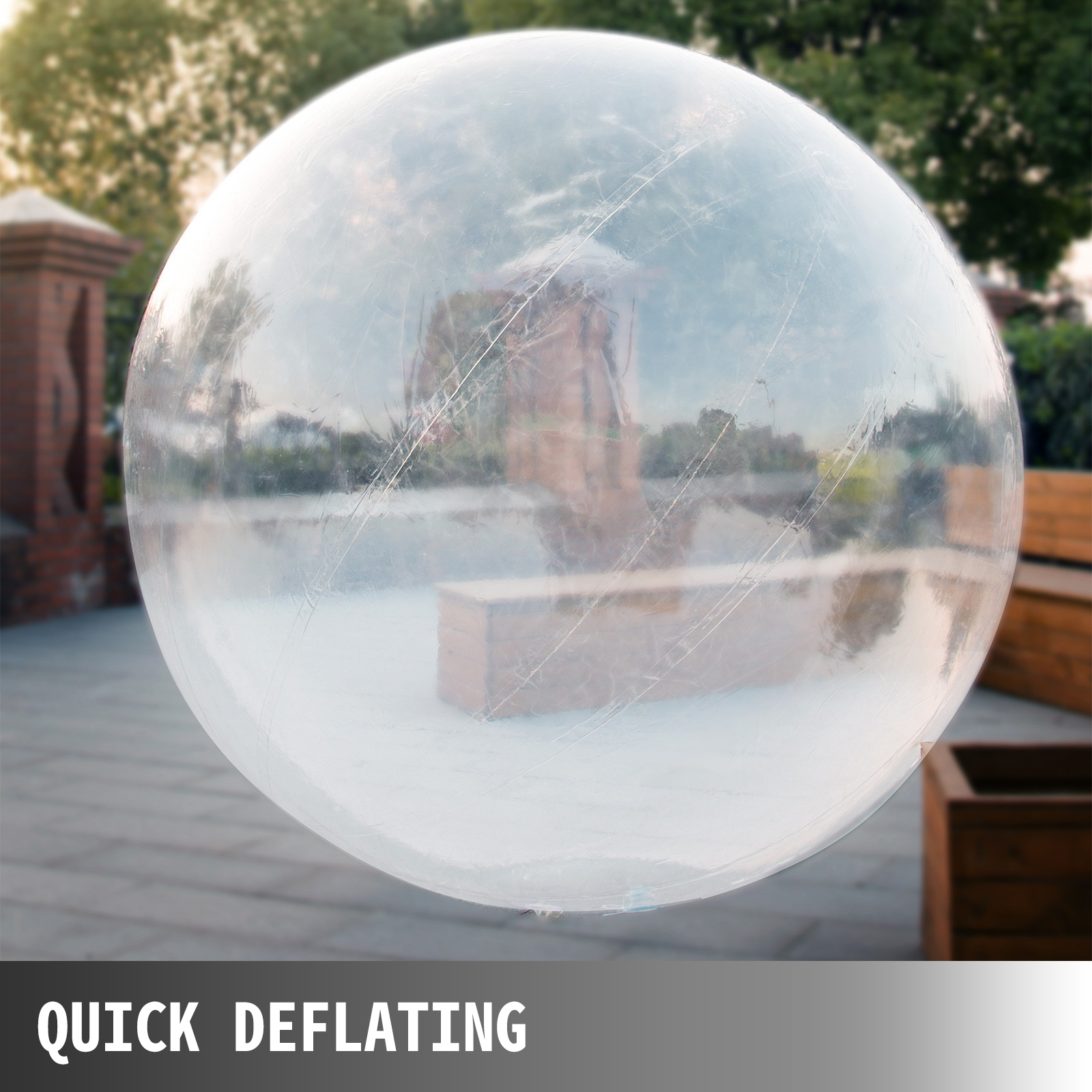 VEVOR zorb ball on a sunny day outdoors with quick deflating feature text overlay.