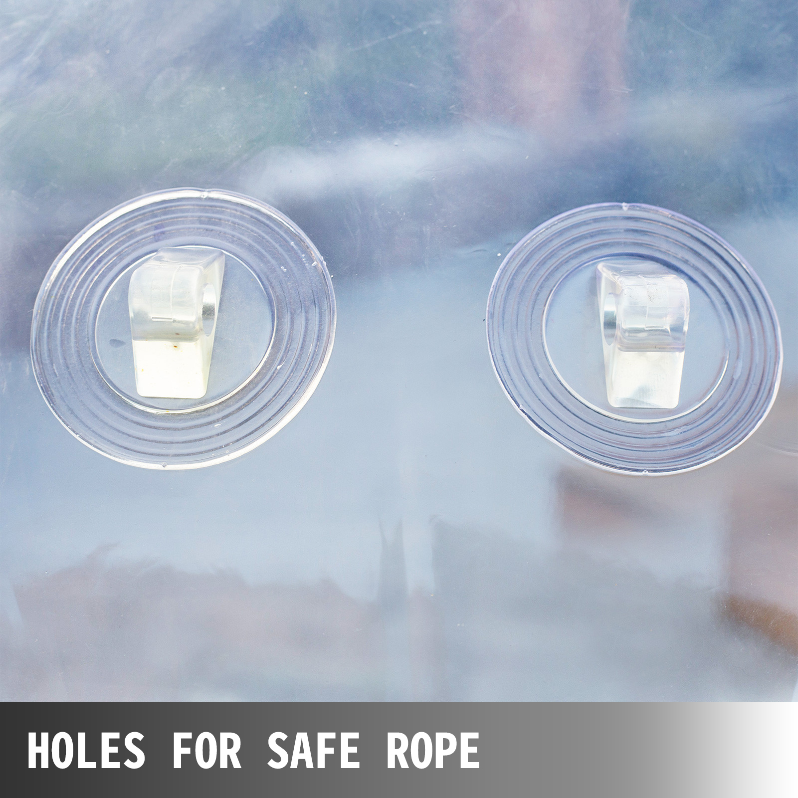close-up of VEVOR zorb ball with two holes for safety ropes on a transparent surface.