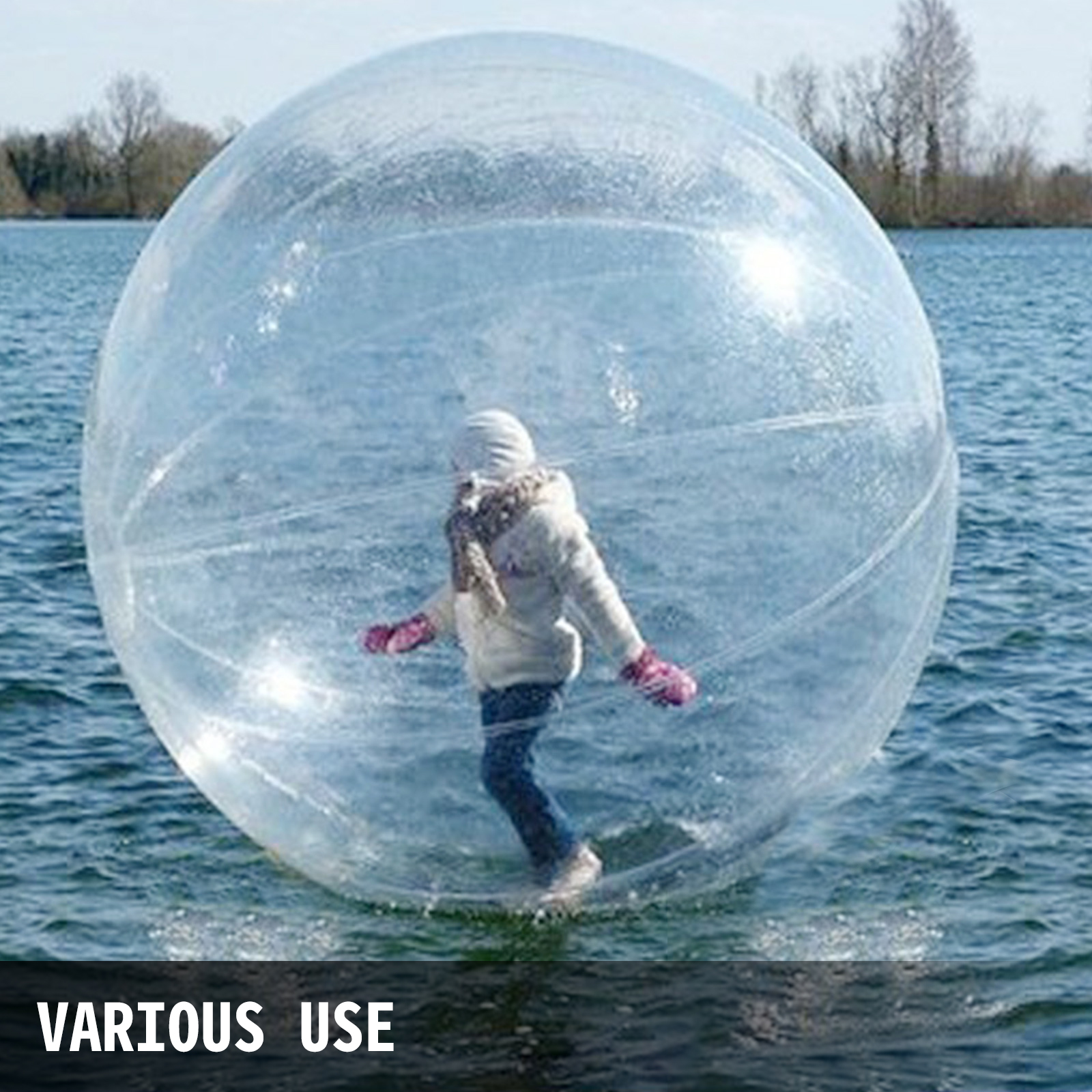 VEVOR zorb ball on water with a person inside, wearing winter clothes and gloves.
