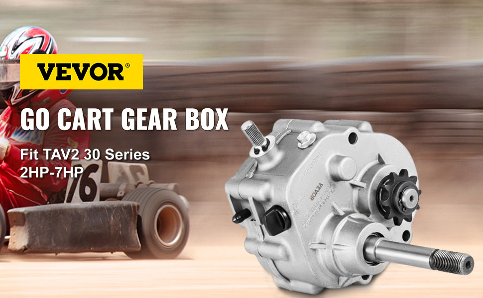 VEVOR go kart gearbox with racer in background, fits tav2 30 series, 2hp-7hp engines.