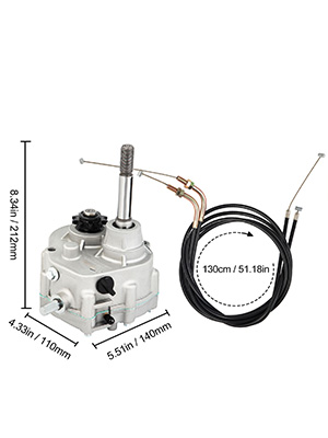 VEVOR go kart gearbox with cable dimensions shown for reference.