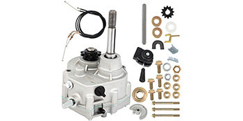 VEVOR go kart gearbox with assembly hardware and accessories laid out.