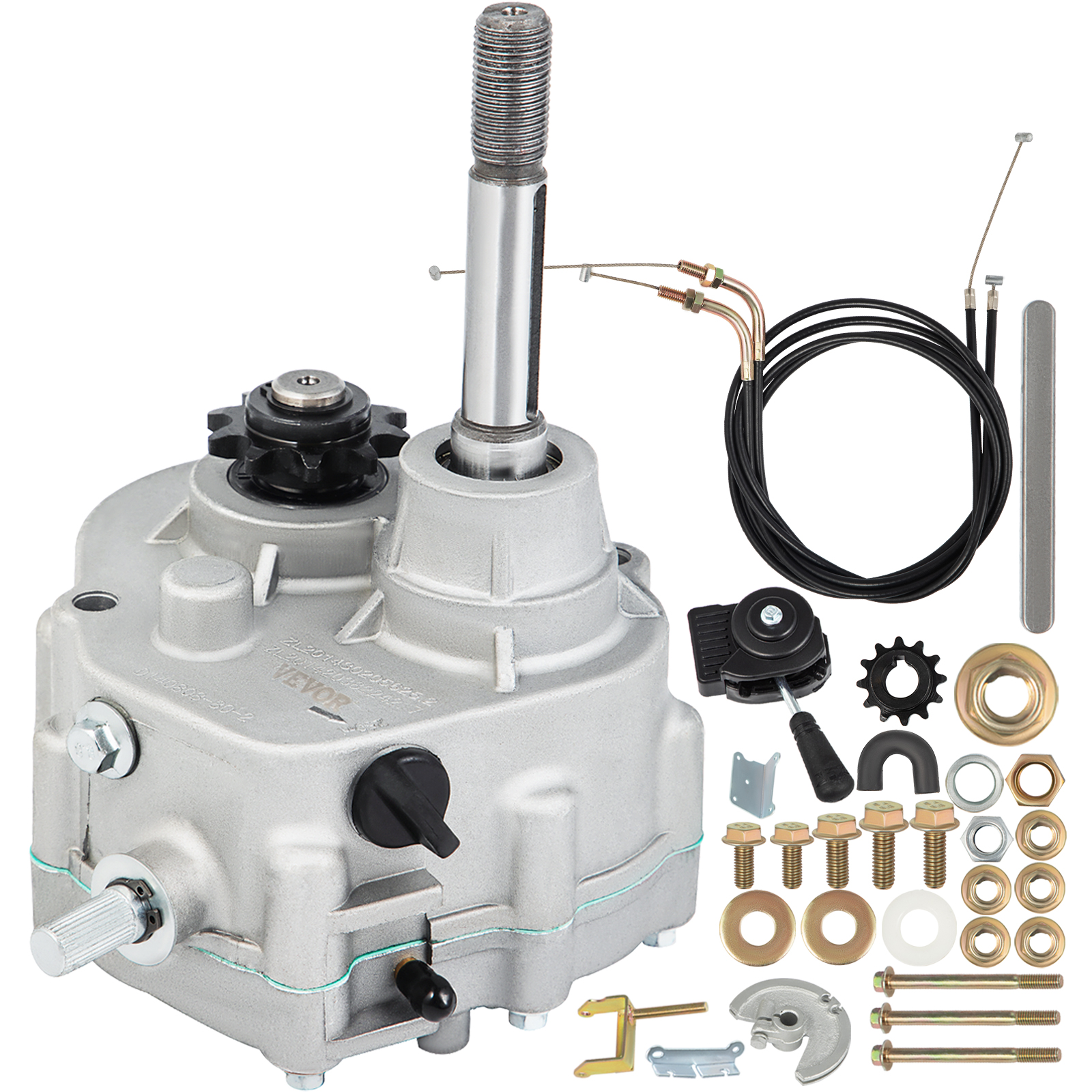 VEVOR go kart gearbox with cables and assorted hardware accessories.