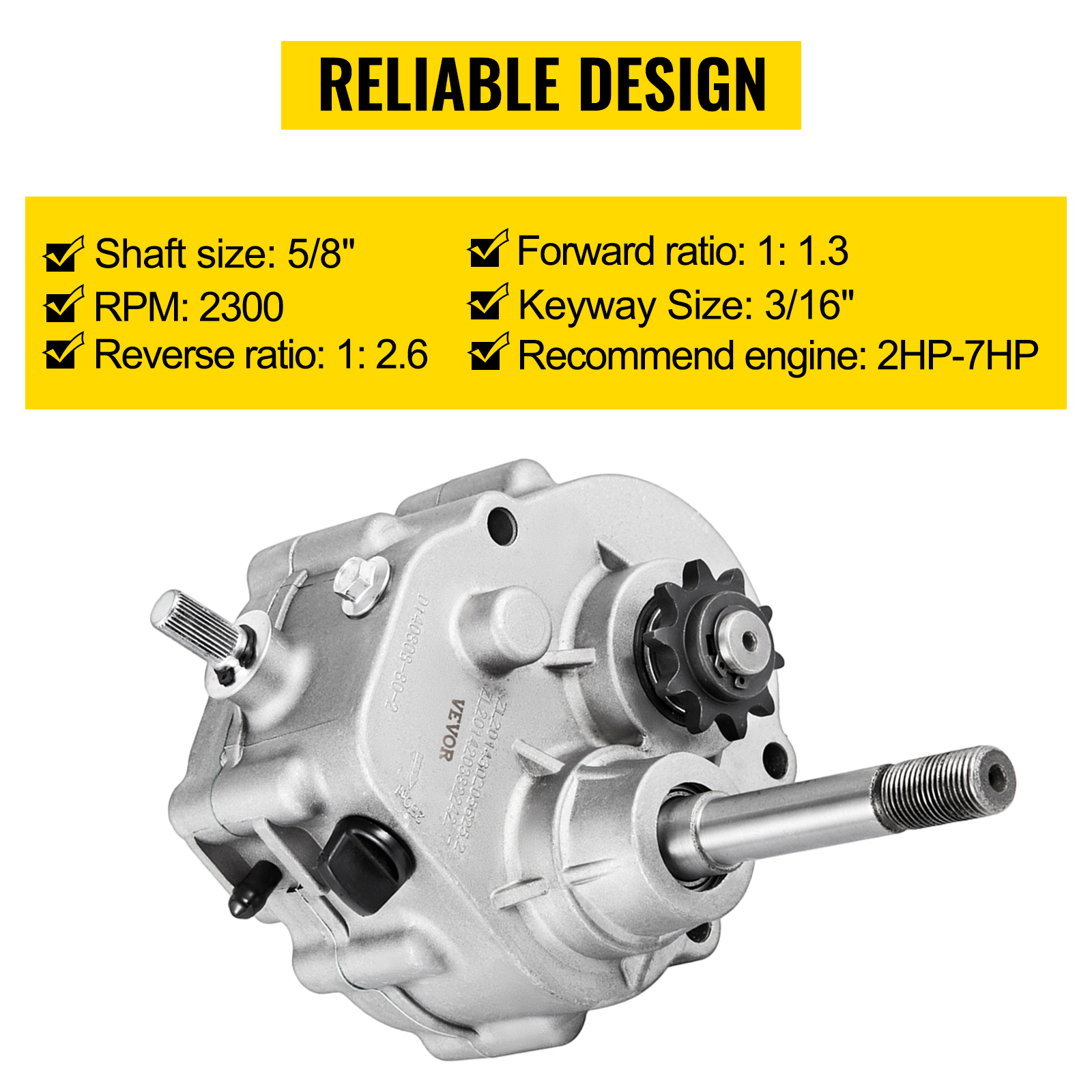 VEVOR go kart gearbox with robust design, 5/8" shaft, 2300 rpm, and 1:2.6 reverse ratio.
