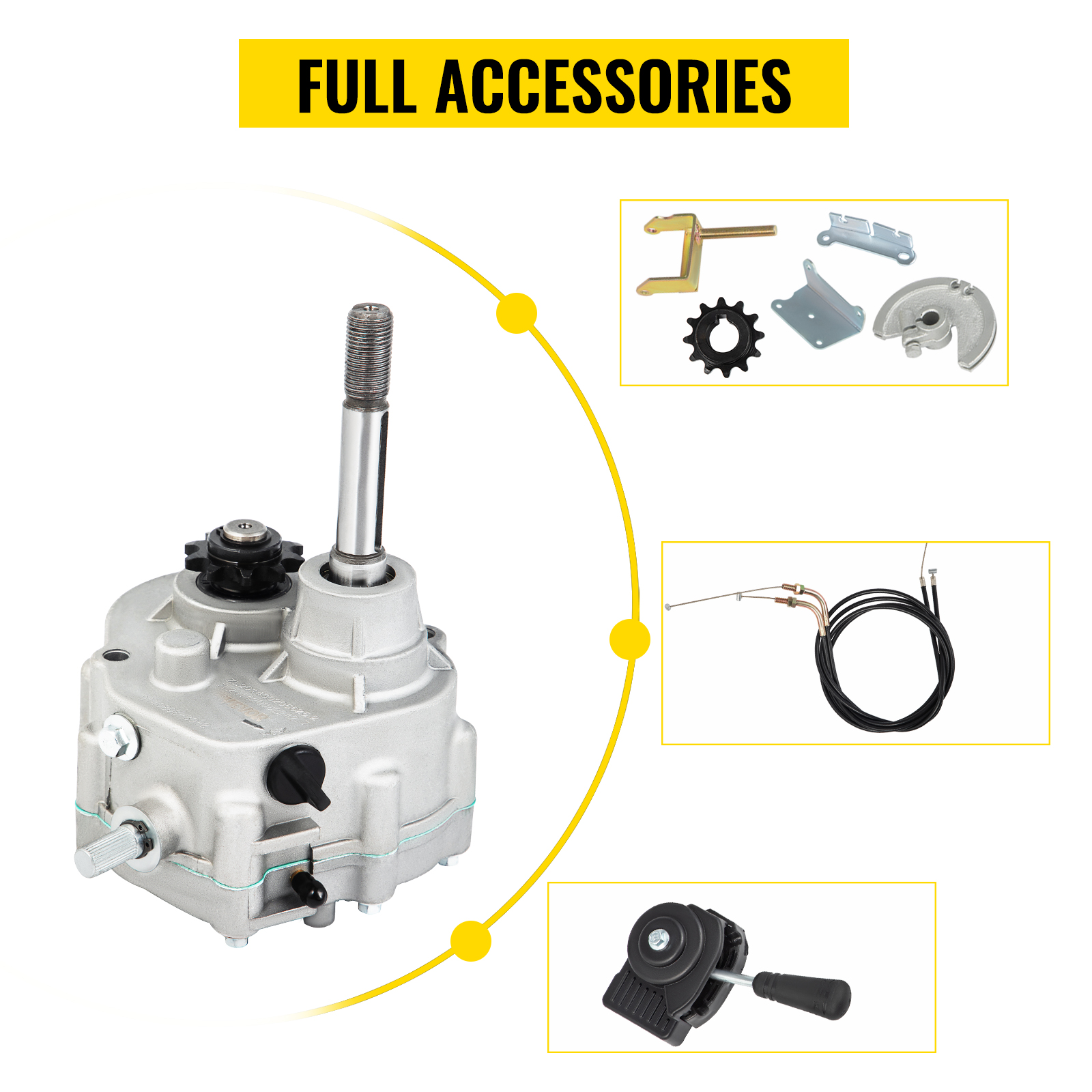 VEVOR go kart gearbox with accessories including cable, sprockets, and mounting parts.