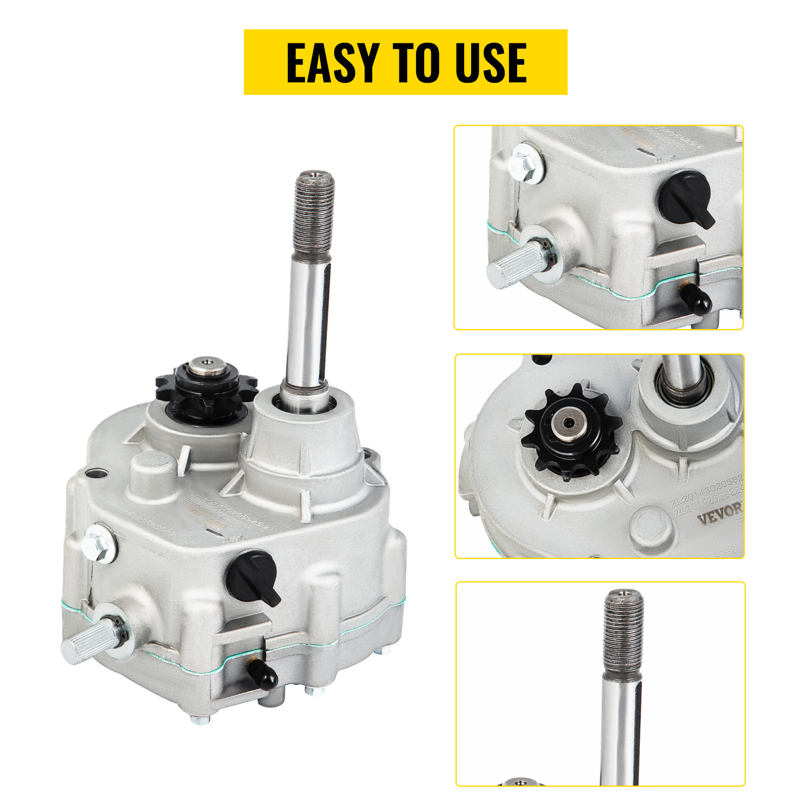 VEVOR go kart gearbox with detailed close-up views and "easy to use" text.