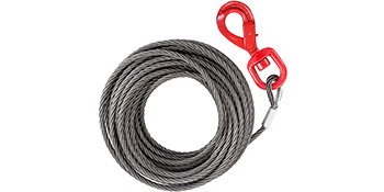 VEVOR winch cable with a red safety hook tightly coiled.
