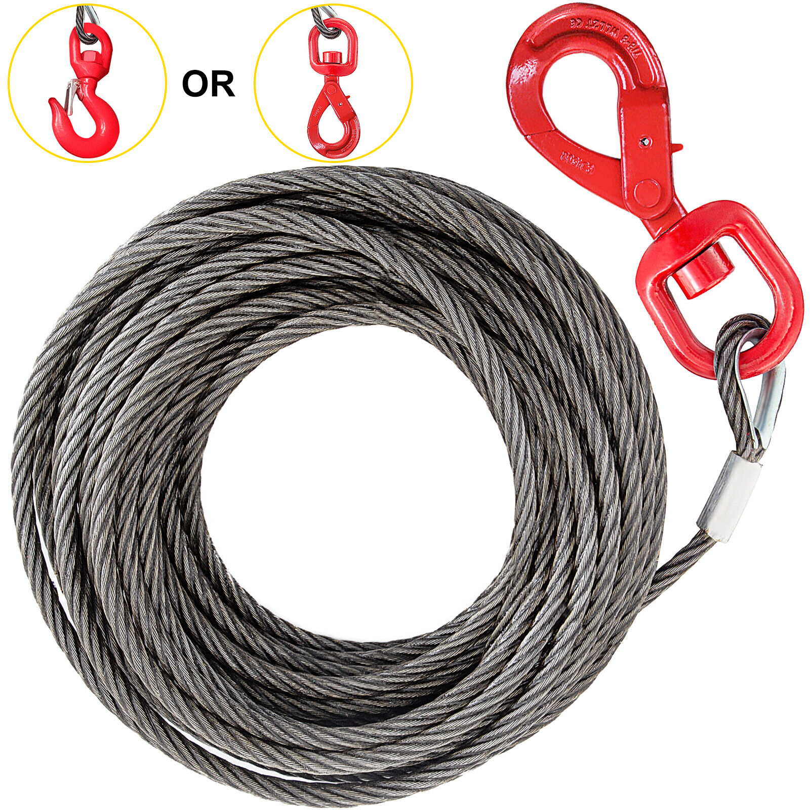 coiled VEVOR winch cable with two red hook options.