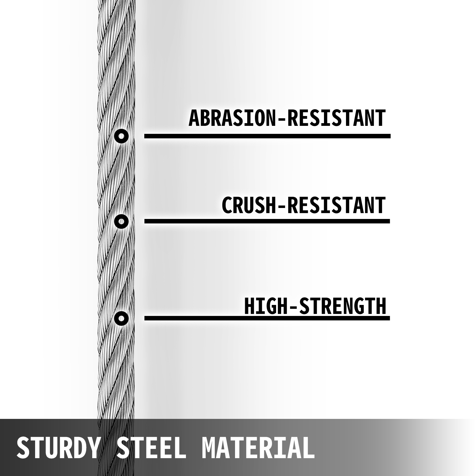 VEVOR winch cable: abrasion-resistant, crush-resistant, high-strength steel material.