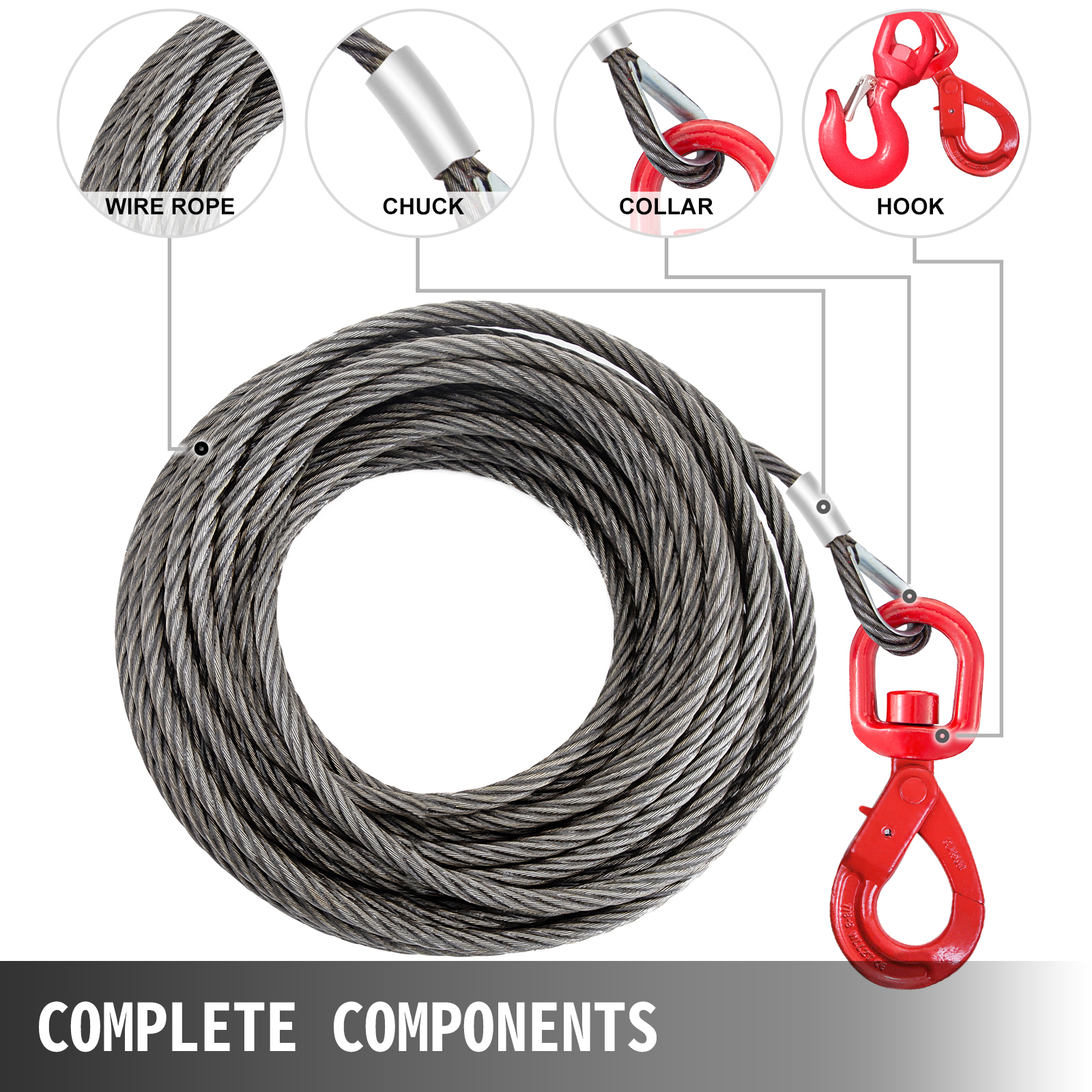 VEVOR winch cable with wire rope, chuck, collar, and red hook, complete components