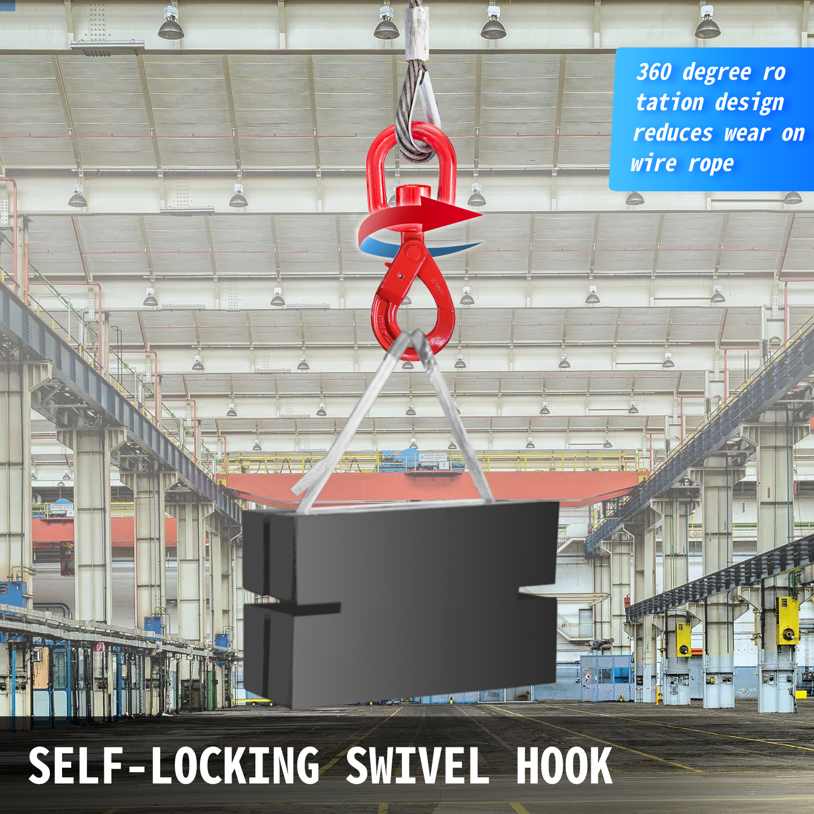 VEVOR winch cable with red self-locking swivel hook in an industrial warehouse.