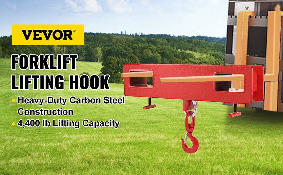 VEVOR forklift lifting hook with 4,400 lb capacity and carbon steel construction.