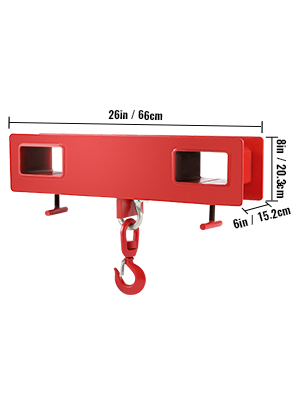 red VEVOR forklift lifting hook with dimensions labeled in inches and centimeters.
