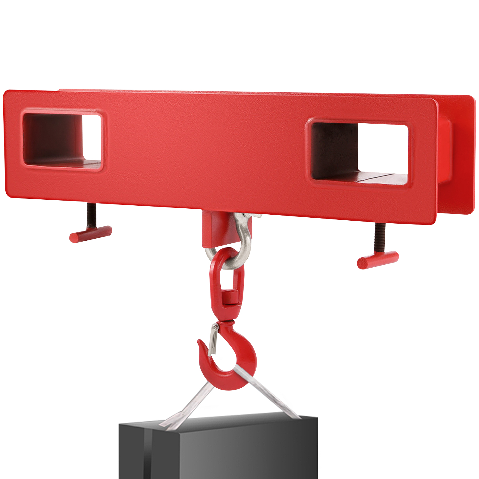 red VEVOR forklift lifting hook with clamps and a hanging hook.