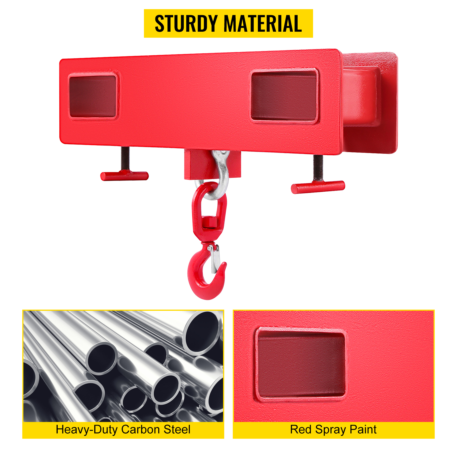 VEVOR forklift lifting hook with sturdy material, heavy-duty carbon steel, red spray paint.