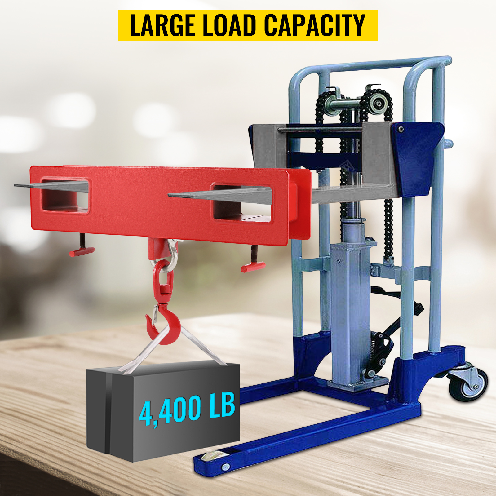 VEVOR forklift lifting hook with 4,400 lb load capacity attached to a lifting machine