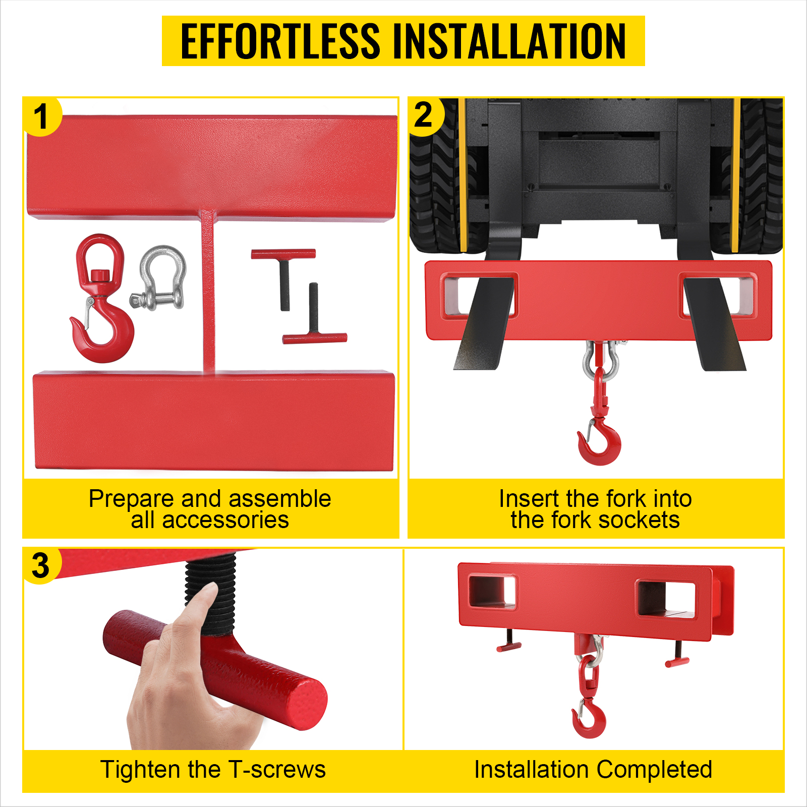 effortless installation guide for the VEVOR forklift lifting hook in four easy steps.