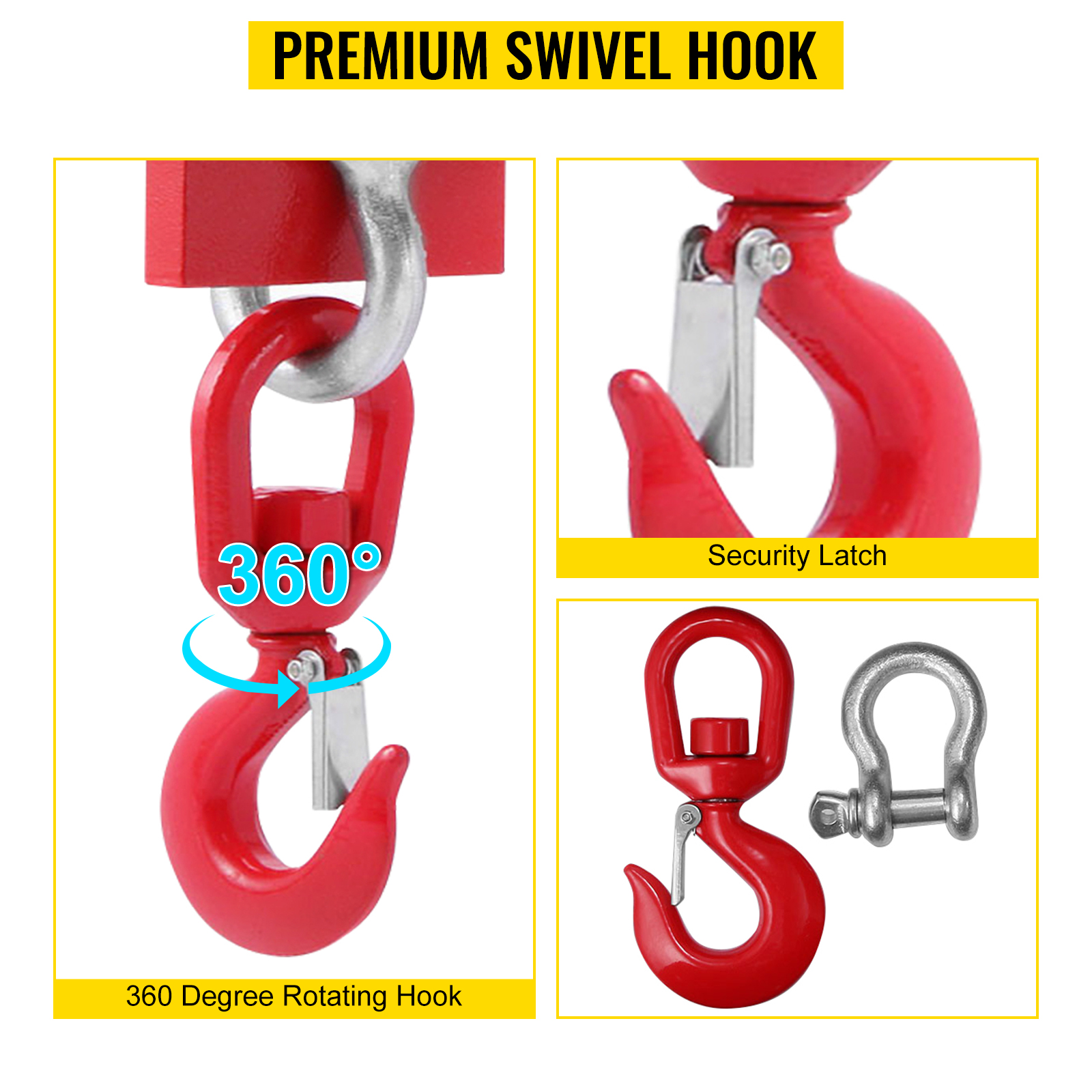 VEVOR forklift lifting hook with 360-degree rotation and secure latch.