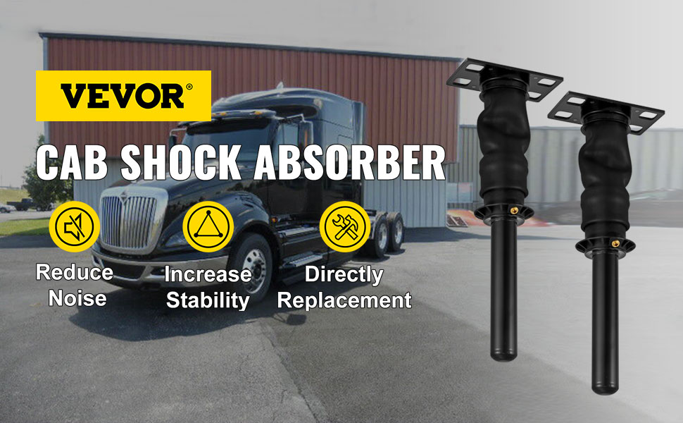 VEVOR cab shock absorber, reduces noise, increases stability; truck background.