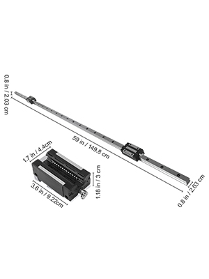VEVOR linear rail with dimensions in inches and centimeters.