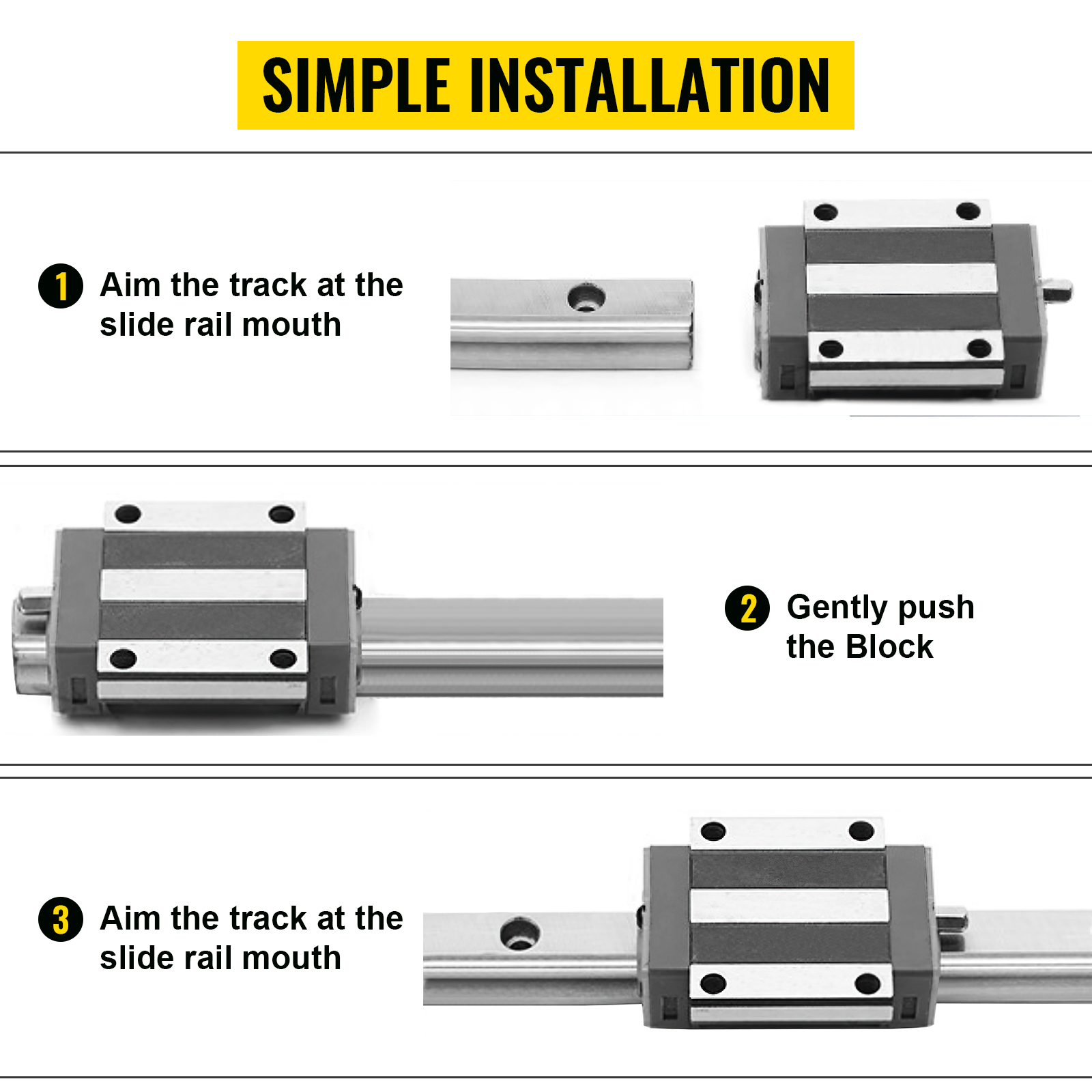 VEVOR linear rail installation steps with track alignment and block pushing guide.