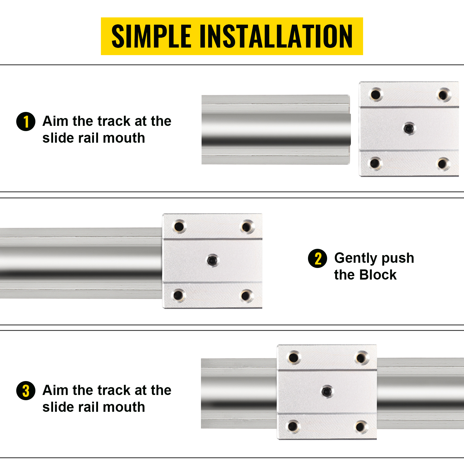 VEVOR linear rail set simple installation steps on a metal guide rail.