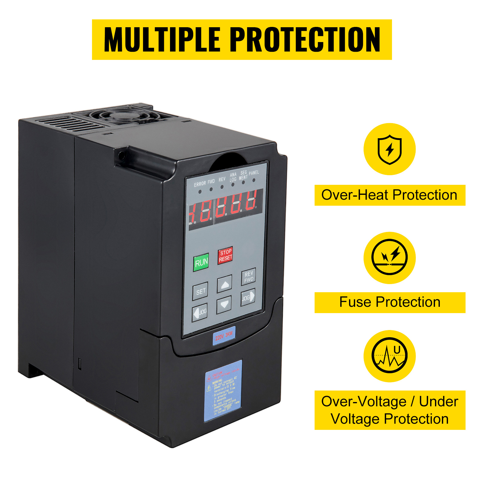 VEVOR 3kw vfd with multiple protections: over-heat, fuse, and voltage protection.