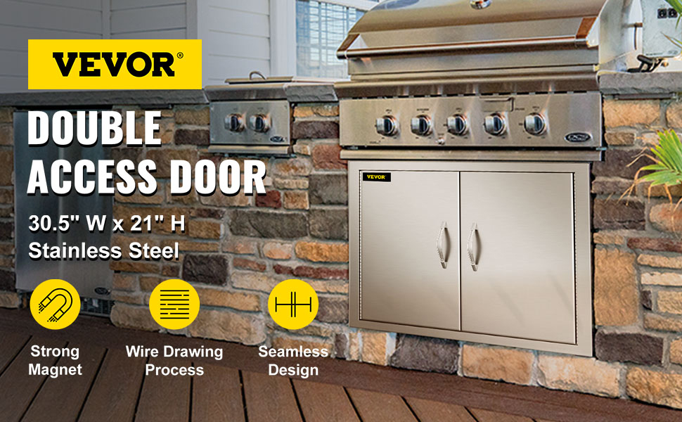 VEVOR outdoor kitchen access door, double stainless steel, 30.5"x21", built-in stone setup.