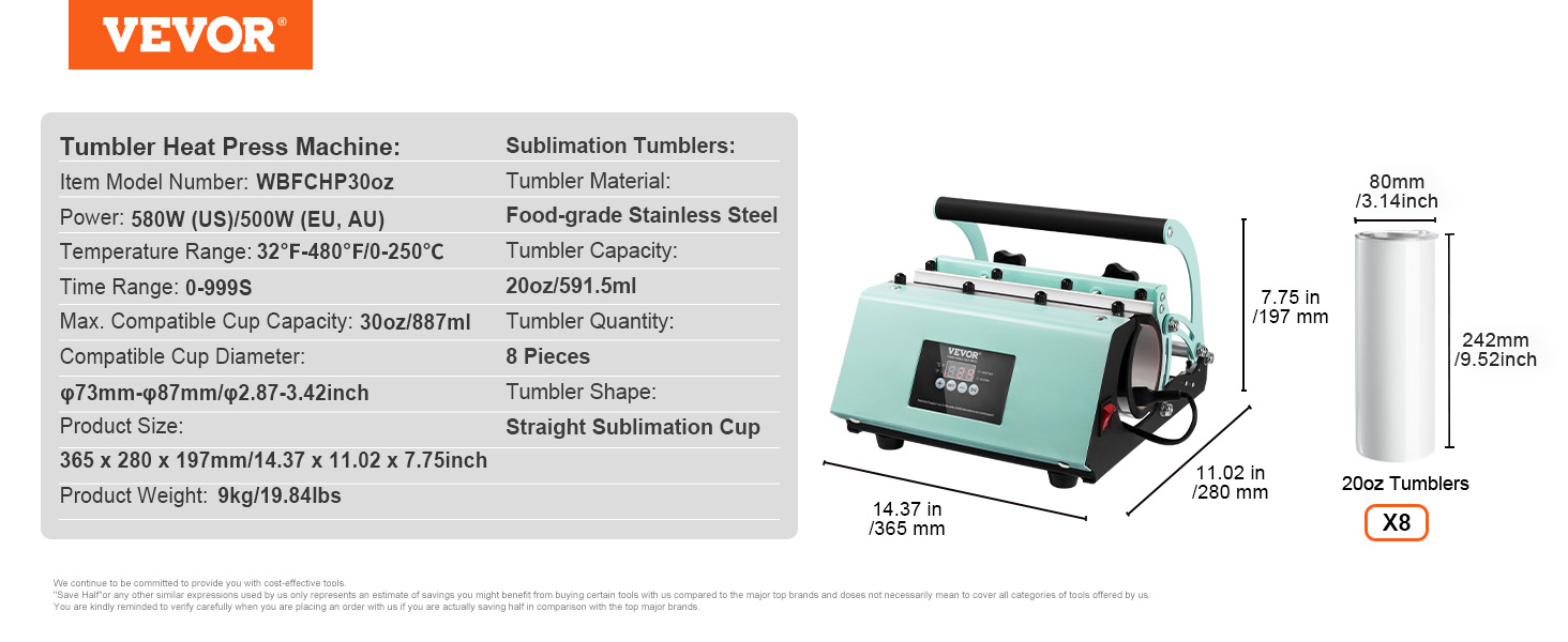 VEVOR tumbler heat press specifications, including size, power, and compatible tumbler details.