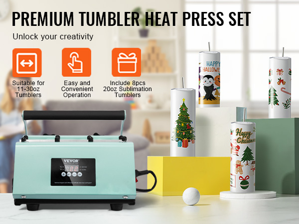 VEVOR tumbler heat press, suitable for 11-30oz tumblers, includes 8pcs 20oz sublimation tumblers.