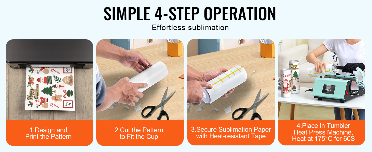 VEVOR tumbler heat press: 4-step sublimation process—design, cut, secure, and press for custom tumblers.