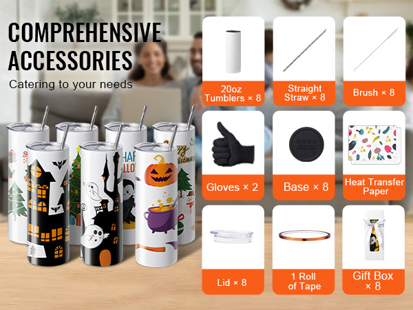 comprehensive VEVOR tumbler heat press accessories including 20oz tumblers, heat transfer paper, and more.