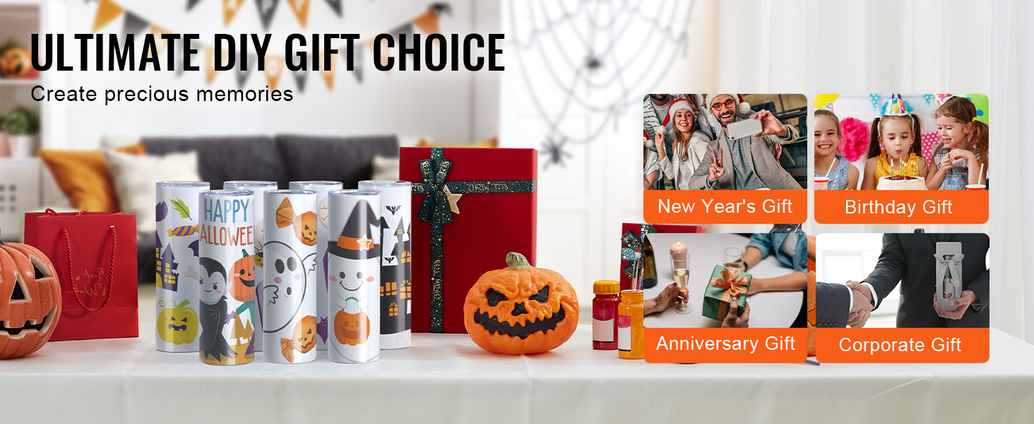 ultimate diy gift choice display showcasing personalized halloween-themed tumblers and various gift options.