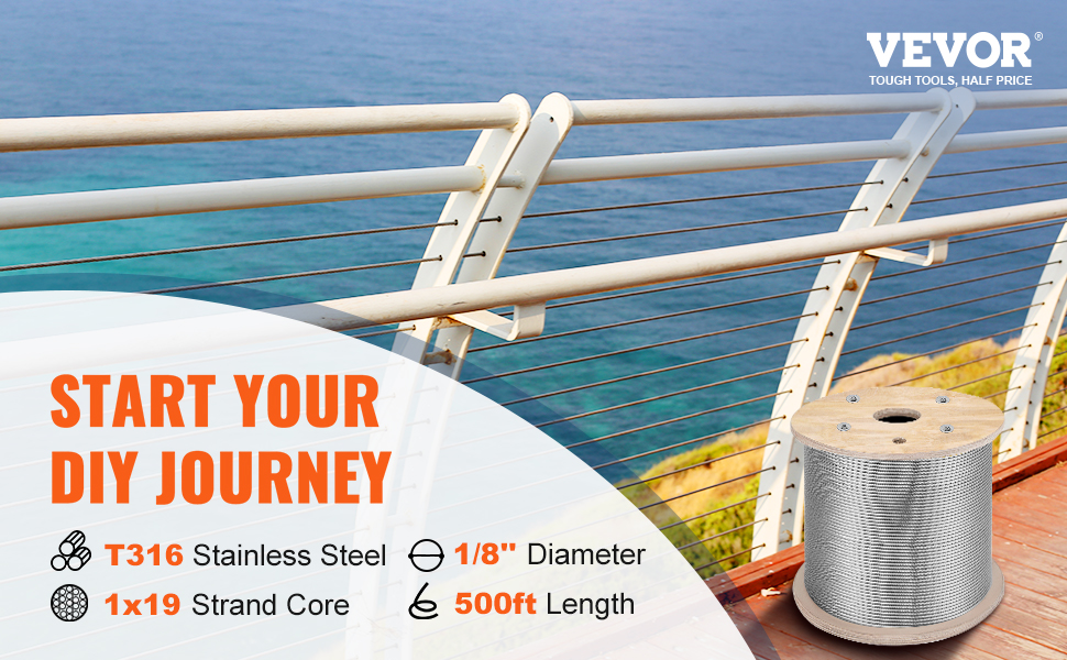 VEVOR stainless steel cable railing, 1/8" diameter, 500ft length spool by the ocean.