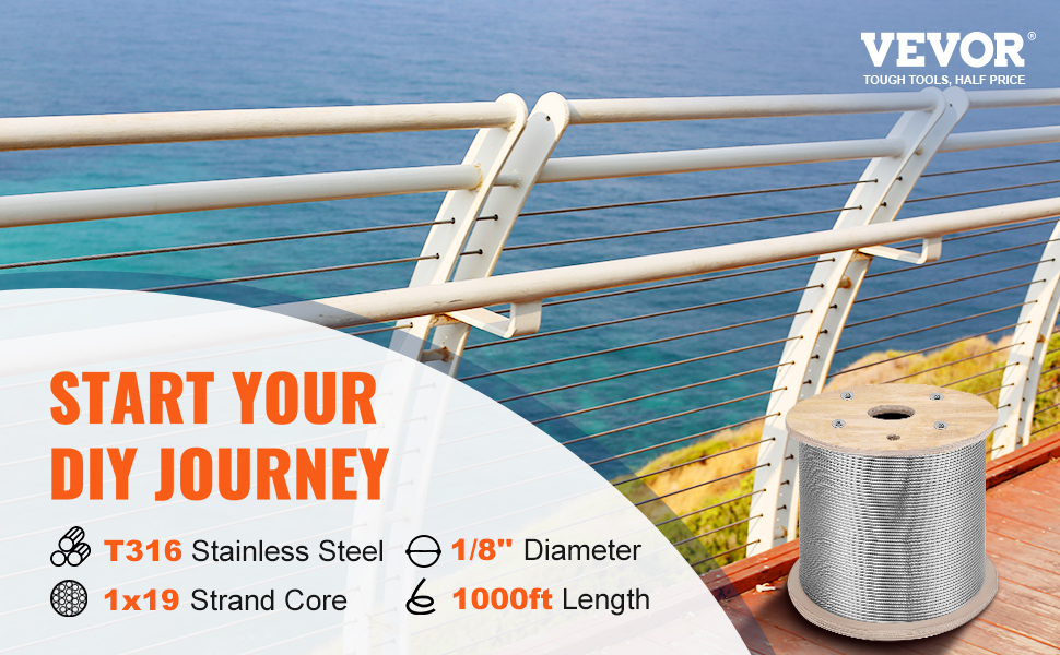VEVOR stainless steel cable for diy projects by the ocean, featuring specs and cable reel.
