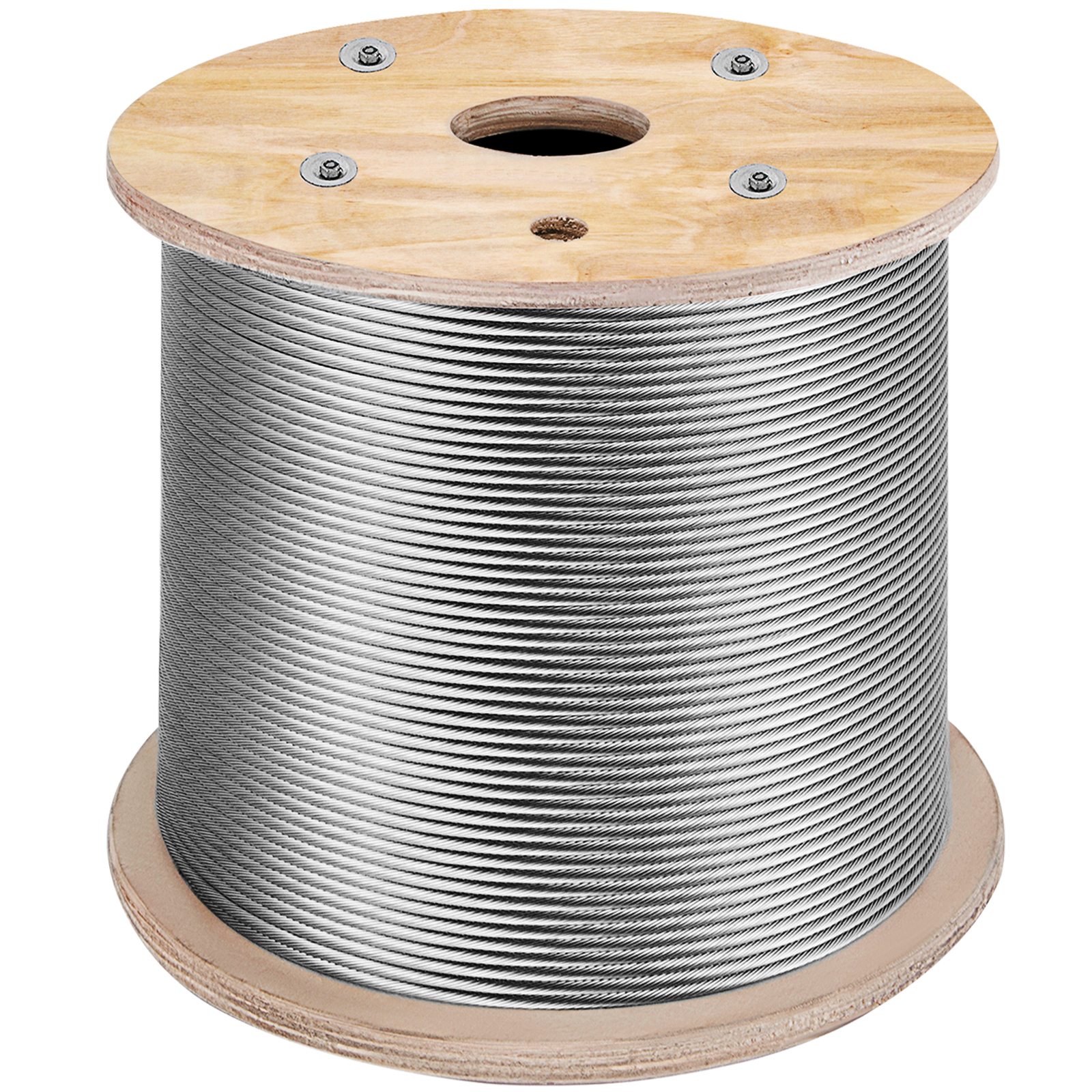 VEVOR stainless steel cable on wooden reel for heavy-duty applications.