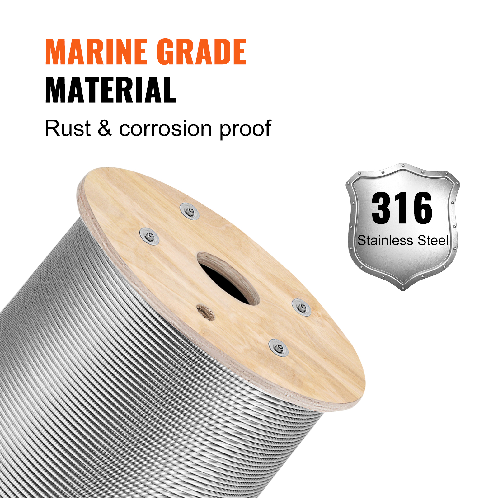 VEVOR stainless steel cable, 316 marine grade, rust and corrosion proof spool.