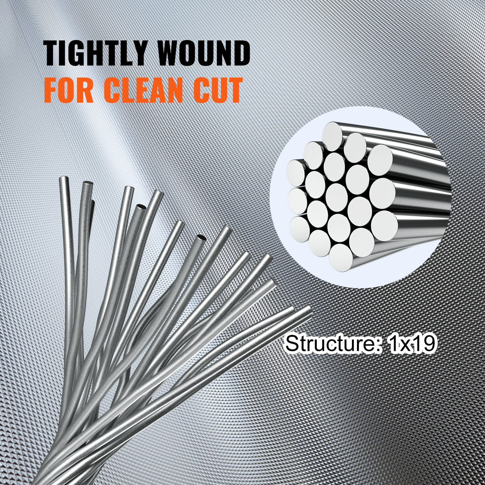 VEVOR stainless steel cable with tightly wound structure 1x19 for clean cut.